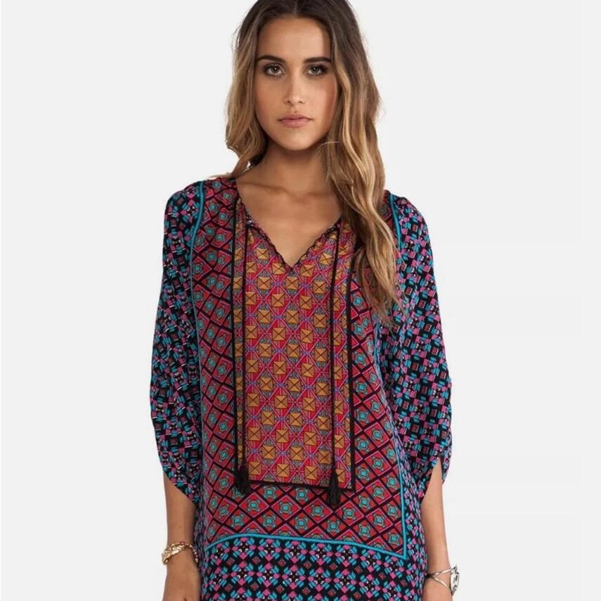 Tolani Courtney Tunic Top 100% Silk Keyhole Neck Black Multicolor Print